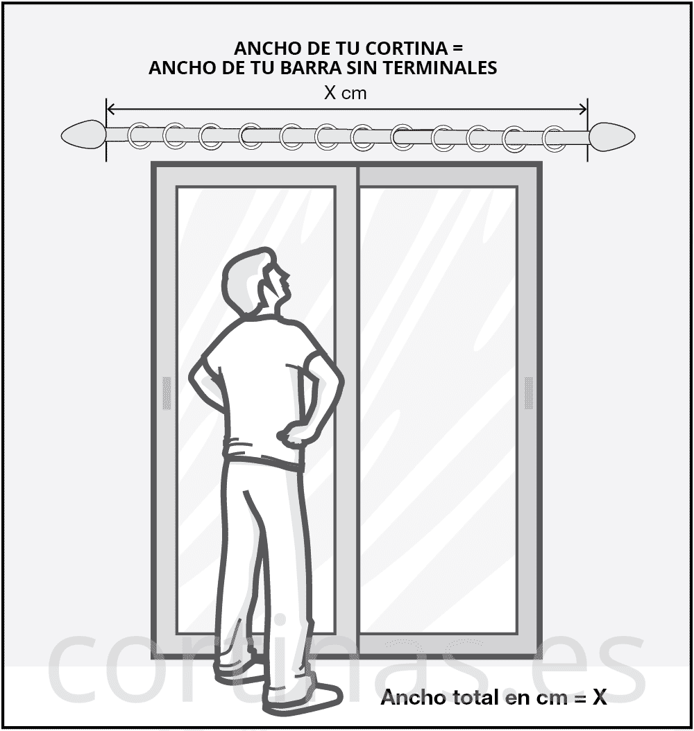 Si tienes barra, el ancho de la cortina debe ser igual al ancho de la barra sin terminales
